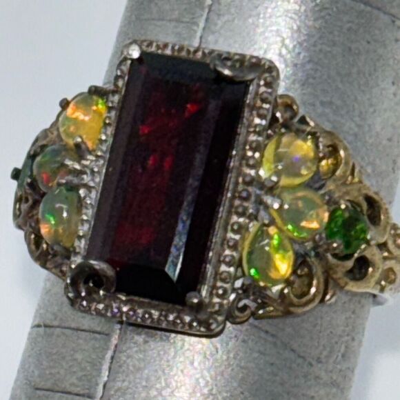 Art Deco vintage 925 silver ring 5.59g tsavorite garnet & opal Sz 9 signet - Picture 11 of 13